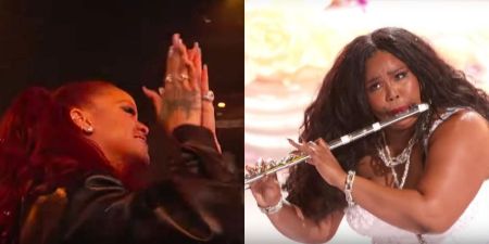 on the left side there is a picture of rihanna standing up and cheering for lizzo during her performance, on the right side lizzo stands on the stage playing her flute. 